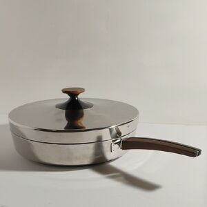 Vintage MCM Stainless Steel Frying Pan with Rosewood Handle Skillet  10"